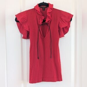 Authentic Louis Vuitton Red Wool and Silk Ruffled Sleeveless Blouse Tank Top